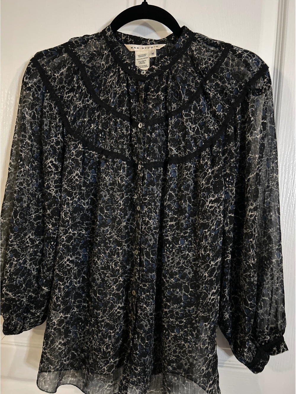 Max Studio Sheer Black and White Patterned Button-Up Blouse, Size M